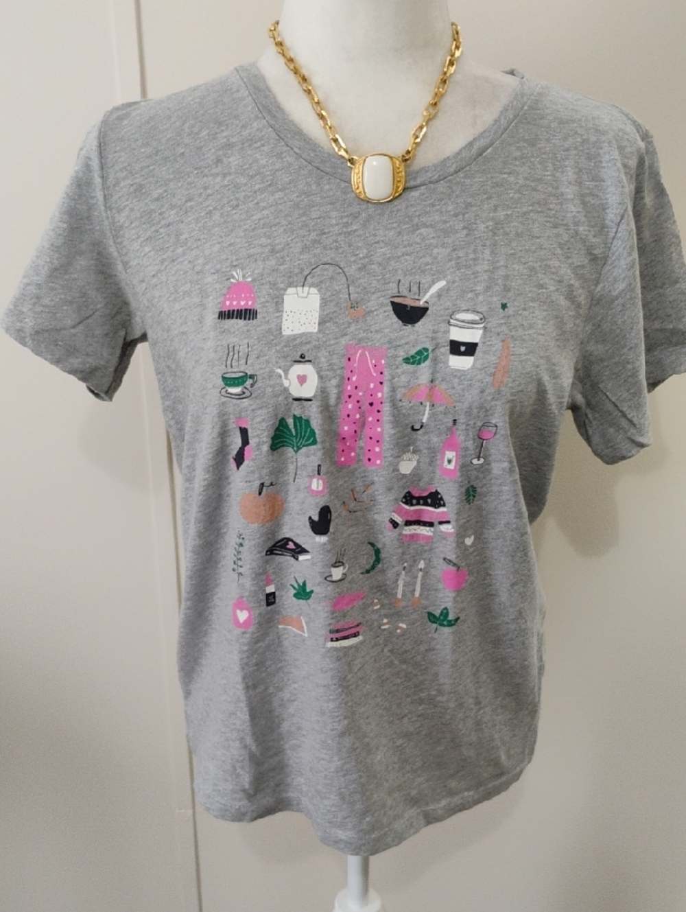 J. Crew Gray Short Sleeve Tee with Pink and Green Graphic